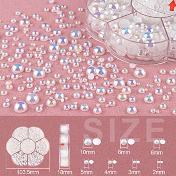 5600 Pcs Nail Art Flat Back Half Round Pearl Kits 1, 1 Box of Flat-Back White AB Pearl with Tweezer and Picker Pencil for Home DIY Nails Body Face Craft and Salon Use (2-10mm)
