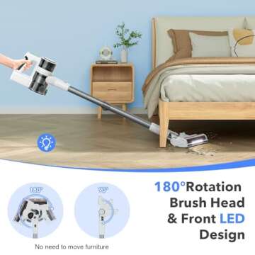 80,000PRM Cordless Vacuum Cleaners for Home, Powerful Vacuum with 2200mAH Battery up to 35 Mins Runtime, 2 Adjustable Modes and Tube Height, Detachable Parts Wireless Stick Vacuum (Light Snow White)