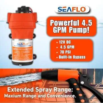 SEAFLO 41 Series Portable Washdown Pump Kit - 12V DC, 4.5 GPM, 70 PSI with Adjustable Sprayer, Built-In Bypass Valve, UV-Coiled Hose, and 4-Year Warranty | Marine, RV, and Agriculture Applications