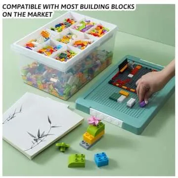 loobuu Plastic Storage Bins with Lids - 1 Set Stackable Arts Crafts Organizer Box with Removable Divided Tray &Compatible Building Baseplate,Toy Chest Containers for Bricks -Green(14.37"x9.64"x6.69")