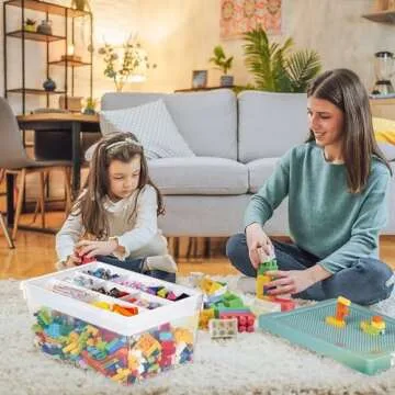 loobuu Plastic Storage Bins with Lids - 1 Set Stackable Arts Crafts Organizer Box with Removable Divided Tray &Compatible Building Baseplate,Toy Chest Containers for Bricks -Green(14.37"x9.64"x6.69")