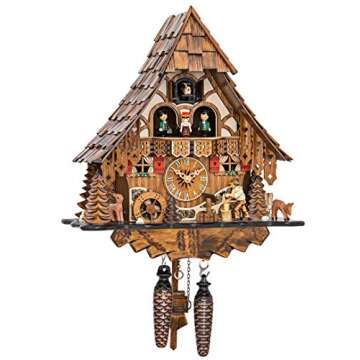 Engstler Quartz Cuckoo Clock Black Forest House with Moving Wood Chopper and Mill Wheel, with Music ...