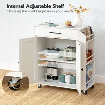 HOOBRO Kitchen Island with Power Outlet, Kitchen Storage Island with Spice Rack and Drawer, Rolling Kitchen Cart on Wheels, for Home, Kitchen and Dining Room, White WT82UZD01G1