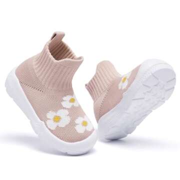 MORENDL Toddler Sock Shoes Baby Walking Shoes Infant Slippers Boys & Girls Non-Slip Sneakers Beige Flower 18-24 Months