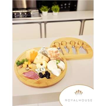 RoyalHouse Bamboo Round Cheese Board and 4 Knives Set with Slide-Out Cutlery Drawer - Charcuterie Bo...