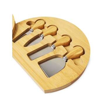 RoyalHouse Bamboo Round Cheese Board and 4 Knives Set with Slide-Out Cutlery Drawer - Charcuterie Boards Set - House Warming Gifts New Home, Wedding Gifts for Couple 2025, Bridal Shower Gifts