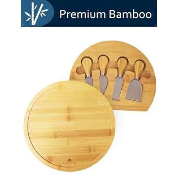 RoyalHouse Bamboo Round Cheese Board and 4 Knives Set with Slide-Out Cutlery Drawer - Charcuterie Boards Set - House Warming Gifts New Home, Wedding Gifts for Couple 2025, Bridal Shower Gifts