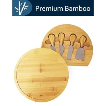 RoyalHouse Bamboo Round Cheese Board and 4 Knives Set with Slide-Out Cutlery Drawer - Charcuterie Boards Set - House Warming Gifts New Home, Wedding Gifts for Couple 2025, Bridal Shower Gifts