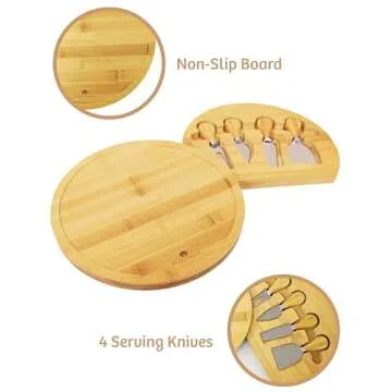 RoyalHouse Bamboo Round Cheese Board and 4 Knives Set with Slide-Out Cutlery Drawer - Charcuterie Boards Set - House Warming Gifts New Home, Wedding Gifts for Couple 2025, Bridal Shower Gifts
