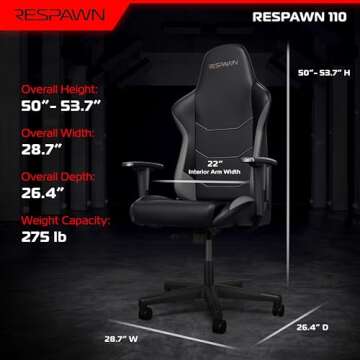 RESPAWN 110 Gaming Chair - Gamer Chair PC Computer Chair, Ergonomic Gaming Chairs, Office Chair with Integrated Headrest, Gaming Chair for Adults 135 Degree Recline with Angle Lock - Gray