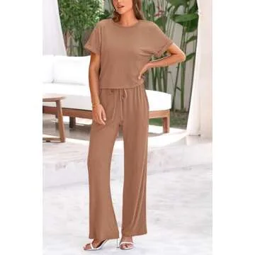 PRETTYGARDEN Women's Summer 2 Piece Knit Loungewear Short Sleeve T Shirts Wide Leg Pants Tracksuit Casual Outfits (Khaki,Small)