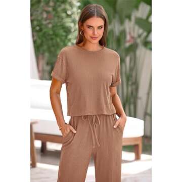 PRETTYGARDEN Women's Summer 2 Piece Knit Loungewear Short Sleeve T Shirts Wide Leg Pants Tracksuit Casual Outfits (Khaki,Small)