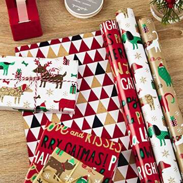 Hallmark Christmas Reversible Wrapping Paper Bundle - Fun Pet Designs (3 Pack, 120 sq ft)