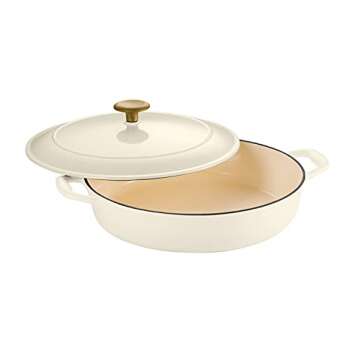 Tramontina Enameled Cast Iron Braiser Pan with Lid, 4-quart, Latte with Gold Knob