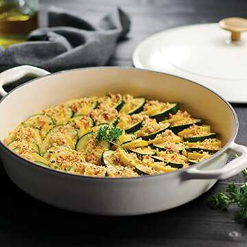 Tramontina Enameled Cast Iron Braiser Pan with Lid, 4-quart, Latte with Gold Knob