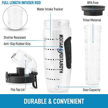 Hydration Nation Infuser Water Bottle 34oz - BPA Free, Dual Grip, Time Marked