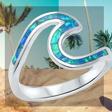 Wave Ocean Beach Lab Opal Silver Ring Sizes 4-12