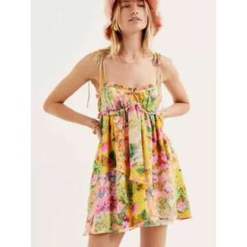 Summer Floral Boho Dresses for Women 2024 Spaghetti Straps Beach Dress Ruffle Sexy Mini Dress (Yello...