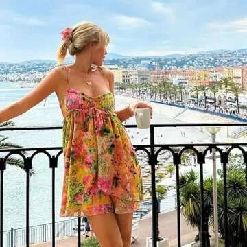 Summer Floral Boho Dresses for Women 2024 Spaghetti Straps Beach Dress Ruffle Sexy Mini Dress (Yellow,Large)
