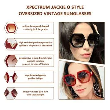 Xpectrum Trendy Extra Large Womens Sunglasses Retro Hexagonal Thick Frame Vintage Oversized Glasses (Red)