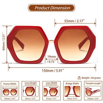 Xpectrum Trendy Extra Large Womens Sunglasses Retro Hexagonal Thick Frame Vintage Oversized Glasses (Red)