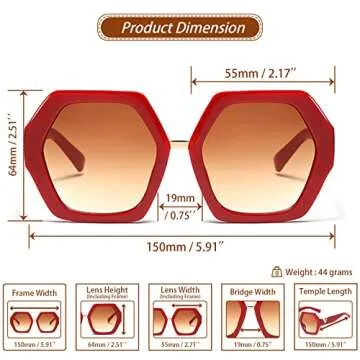Xpectrum Trendy Extra Large Womens Sunglasses Retro Hexagonal Thick Frame Vintage Oversized Glasses (Red)