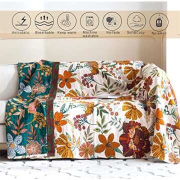 Fall Throw Blanket for Couch Bed Chair, 100% Cotton Muslin 4-Layer Breathable Woven Throws 60''x 80'' Boho Vintage Quilt for All Seasons Warm Lightweight Farmhouse Pre-Washed Blankets Home Decoration