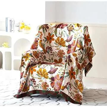 Fall Throw Blanket for Couch Bed Chair, 100% Cotton Muslin 4-Layer Breathable Woven Throws 60''x 80'' Boho Vintage Quilt for All Seasons Warm Lightweight Farmhouse Pre-Washed Blankets Home Decoration