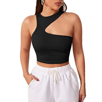 Verdusa Asymmetrical Neck Sleeveless Ribbed Crop Top