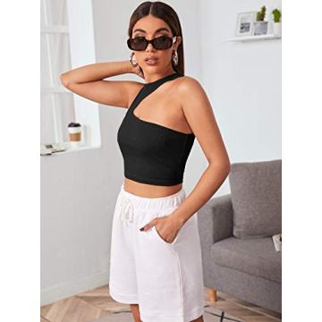 Verdusa Asymmetrical Neck Sleeveless Ribbed Crop Top