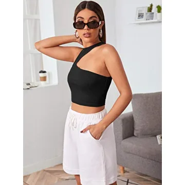 Verdusa Asymmetrical Neck Sleeveless Ribbed Crop Top