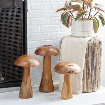 Deco 79 Teak Wood Mushroom Handmade Decorative Sculpture Live Edge Home Decor Statues with Natural Smooth Finish, Set of 3 Accent Figurines 16", 14", 12"H, Brown