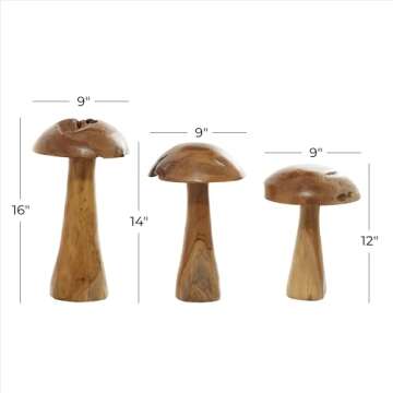 Deco 79 Teak Wood Mushroom Handmade Decorative Sculpture Live Edge Home Decor Statues with Natural Smooth Finish, Set of 3 Accent Figurines 16", 14", 12"H, Brown