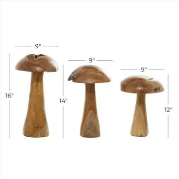 Deco 79 Teak Wood Mushroom Handmade Decorative Sculpture Live Edge Home Decor Statues with Natural Smooth Finish, Set of 3 Accent Figurines 16", 14", 12"H, Brown