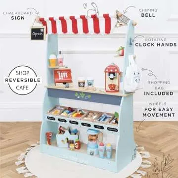 Le Toy Van - Honeybake Reversible Educational Pretend Wooden Grocery Store and Cafe Stand | Educational Role Play Kids Toy Set | Cafe or Supermarket Pretend Play Shop, Multi (TV317)