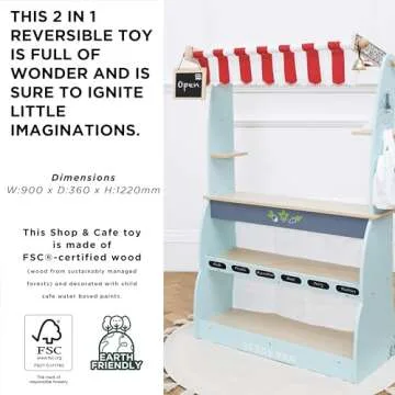 Le Toy Van - Honeybake Reversible Educational Pretend Wooden Grocery Store and Cafe Stand | Educational Role Play Kids Toy Set | Cafe or Supermarket Pretend Play Shop, Multi (TV317)