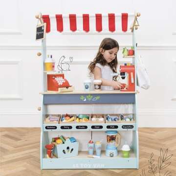 Le Toy Van - Honeybake Reversible Educational Pretend Wooden Grocery Store and Cafe Stand | Educational Role Play Kids Toy Set | Cafe or Supermarket Pretend Play Shop, Multi (TV317)