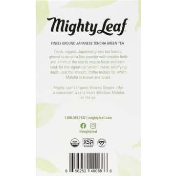 Mighty Leaf Tea, Organic Matcha Green Tea Powder - 100% Unsweetened Japanese Matcha, 12 Single Serve Packets
