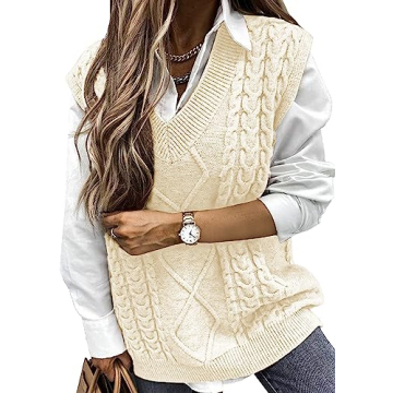 Yousify Women Cable Knit Oversize Sweater Vest - Vintage Sleeveless Top in Beige