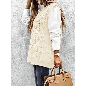 Yousify Vintage Beige Cable Knit Sweater Vest for Women