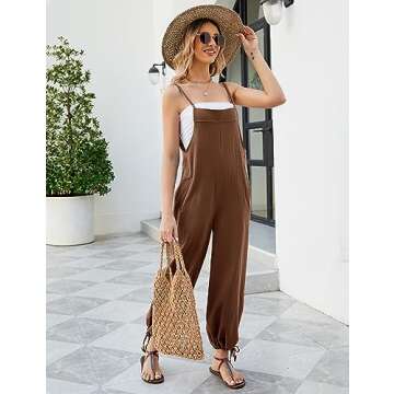 COZYPOIN Women Casual Overalls Sleeveless Loose Cotton Linen Jumpsuits Summer Wide Leg Pants With Po...