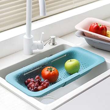 Collapsible Sink Colanders and Strainers Basket Over the Sink Colander Collapsible Colander Extendable Plastic Fruit Vegetable Strainer Drainer Basket for Kitchen(Green )