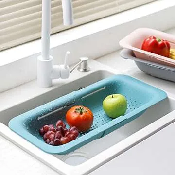 Collapsible Sink Colanders and Strainers Basket Over the Sink Colander Collapsible Colander Extendable Plastic Fruit Vegetable Strainer Drainer Basket for Kitchen(Green )