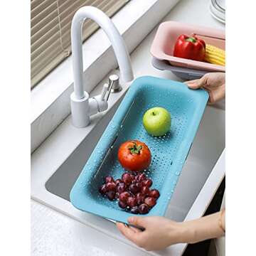 Collapsible Sink Colanders and Strainers Basket Over the Sink Colander Collapsible Colander Extendable Plastic Fruit Vegetable Strainer Drainer Basket for Kitchen(Green )