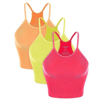 ODODOS Women's Crop 3-Pack Washed Seamless Rib-Knit Camisole Crop Tank Tops, Long Crop, Neon Pink Gr...