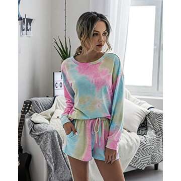 PRETTYGARDEN Women's Tie Dye Printed Pajamas Set Casual Long Sleeve Tops with Lounge Shorts Two Piec...