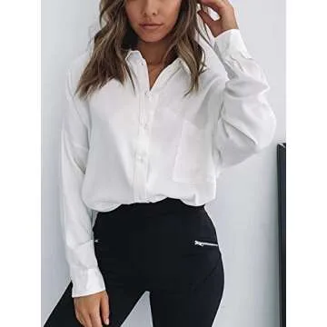 Just Quella Women Long Sleeve Oversized White Collared Button Down Shirt (S, White Collared Shirt)