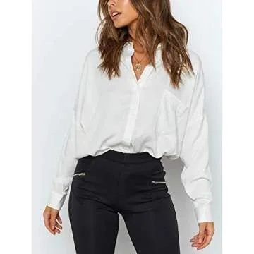 Just Quella Women Long Sleeve Oversized White Collared Button Down Shirt (S, White Collared Shirt)