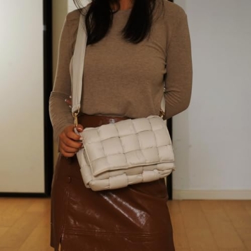 NAARIIAN Puffer Woven Bag Crossbody Purse for Women Padded Cassette Shoulder Bags Trendy Handbags Messenger(Beige)