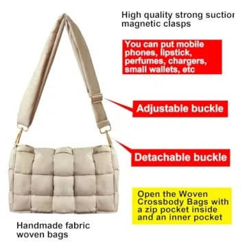NAARIIAN Puffer Woven Bag Crossbody Purse for Women Padded Cassette Shoulder Bags Trendy Handbags Messenger(Beige)